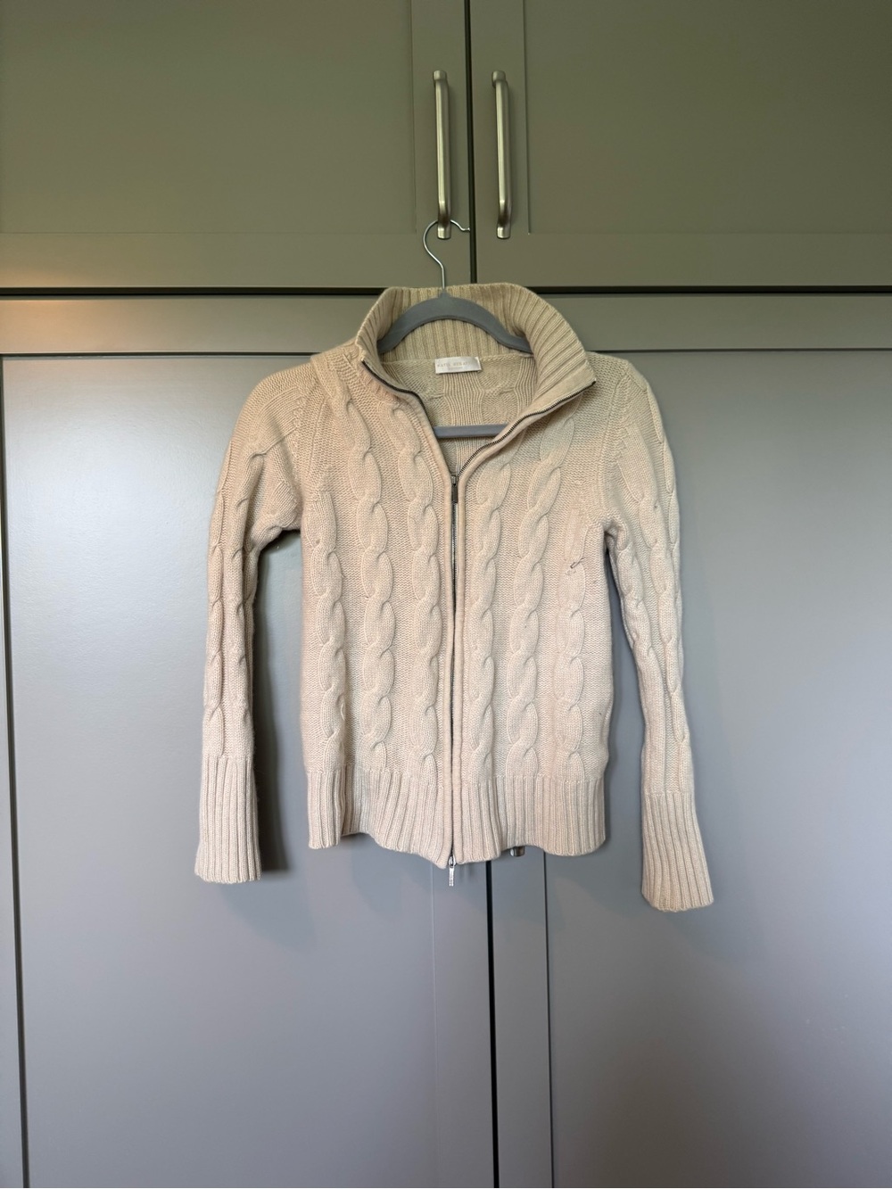 Katia Serafini Tan Cable-Knit Zip Front 100% Cashmere Sweater
